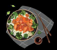 Teriyaki chicken and broccoli stir fry with rice vector illustration. Top view.Drawing in cartoon realistic style. Traditional Asian food