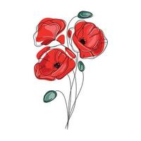 Abstract red poppies flowers vector illustration.Poppies drawing isolated on white background line art color image,botanical design element for print and other use