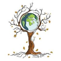 Climate change concept.Global warming.Planet Earth entwined with dry branches of a dead tree.Vector graphics illustration on white background vector