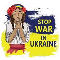Little Ukrainian girl in national clothes says Stop the war in Ukraine,vector illustration drawn in cartoon style. The child suffered from Russian aggression.Prayer for Ukraine
