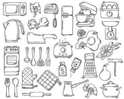 Vector black and white illustration in hand-drawn style kitchen items, appliances and products