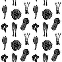 Vector black and white seamless pattern silhouettes of greens for salad onion, leek, broccoli, asparagus, cabbage, lettuce