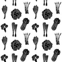 Vector black and white seamless pattern silhouettes of greens for salad onion, leek, broccoli, asparagus, cabbage, lettuce