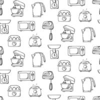Vector black and white seamless pattern small kitchen appliances kettle, microwave, mixer, kitchen machine, scales, egg cooker, toaster