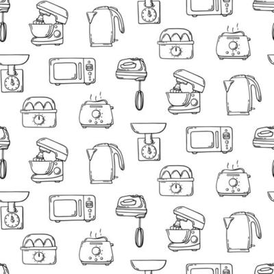 Vector black and white seamless pattern small kitchen appliances kettle, microwave, mixer, kitchen machine, scales, egg cooker, toaster