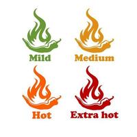 Spicy chili hot pepper vector icons. Spicy Mexican fast food menu or package level labels, mild, medium and extra hot red pepper fire flame