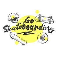 Hand drawn themed badge with skateboard textured vector illustration and Ready to ride inspirational lettering