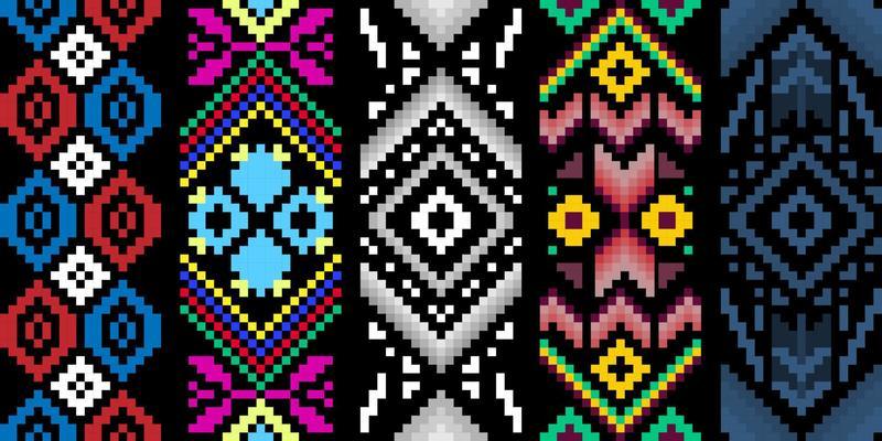 Seamless set ethnic shape pattern, Vector pixel square design for fashion clothes, textile, embroidery, decoration background.