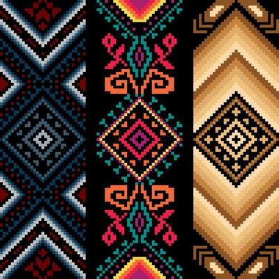 Seamless set ethnic shape pattern, Vector pixel square design for fashion clothes, textile, embroidery, decoration background.