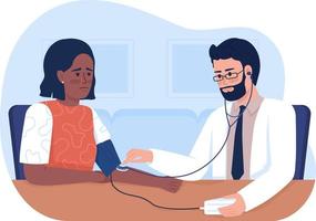 Doctor measuring pressure of sad woman 2D vector isolated illustration
