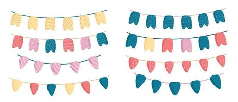 Party bunting. Flat garland flags for birthday background.  garland decoration on celebration banner. Triangles ornament hanging on rope. Carnival flags isolated. vector illustration