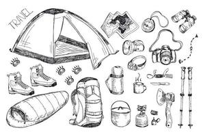 Hiking equipment hand drawing set. travel backpack, knife, axe, mug and camp tent vintage sketch. Tourism, adventure concept.  collection of tourism, outdoor activities, camping, vacation, travel vector