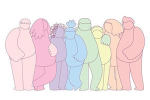 Group of abstract diverse people. Friends, coworkers,volunteer are standing, hugging, posing together. Cartoon doodle characters. Teamwork, togetherness, friendship concept. vector