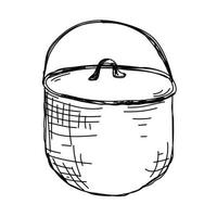 Camping pot hand drawn black and white vector illustration. Pot with lid and handle vintage sketch isolated on white background