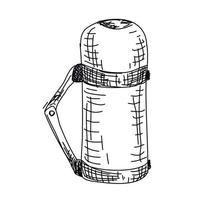 Hand-drawn sketch of a thermo. Thermos on a white backgrounds. Thermos set for a picnic. vector