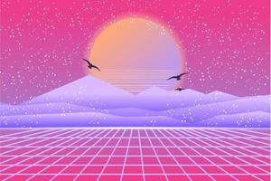 Retro Sci-Fi futuristic background 1980s and 1990s style 3d illustration. Digital landscape in a cyber world. For use as design cover. vector