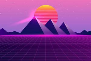 Retro Sci-Fi futuristic background 1980s and 1990s style 3d illustration. Digital landscape in a cyber world. For use as design cover