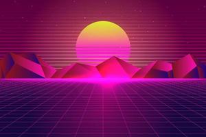 Retro Sci-Fi futuristic background 1980s and 1990s style 3d illustration. Digital landscape in a cyber world. For use as design cover vector