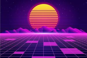 Retro Sci-Fi futuristic background 1980s and 1990s style 3d illustration. Digital landscape in a cyber world. For use as design cover vector