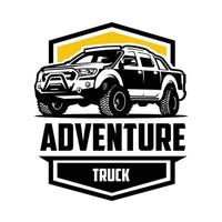 logotipo del emblema del camión de cabina doble por tierra. concepto de logotipo de emblema de aventura premium. lo mejor para pegatinas y logotipos para la industria relacionada con la aventura
