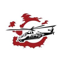 Russian Attack Helicopter in Red Sky Vector Illustration