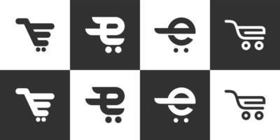 conjunto de logotipo de letra inicial e con diseño de vector de carrito de compras