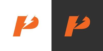 Initial letter P with lightning bolt logo vector design on black and white background.