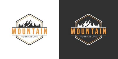 Vintage mountain vector logo design illustration on black and white background.