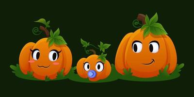 Pupmkin family. Cute orange cartoon autumn vector vegetable for print, marketing and packaging. Mom, dad and baby