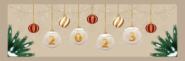 Horizontal 2023 christmas banner with fir branches and christmas tree balls. New year sale flyer layout. vector