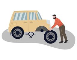 Driver character fixing broken car wheel. Man replaces a  wheel on the car. Flat vector illustration. Isolated white background.