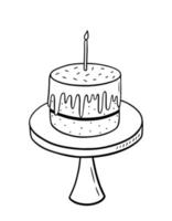 Birthday cake with a candle on a stand isolated on white background. Vector hand-drawn illustration in doodle style. Perfect for cards, logo, invitations, decorations, birthday designs.