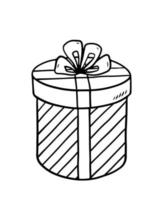 caja de regalo redonda festiva con un arco aislado sobre fondo blanco. ilustración vectorial dibujada a mano en estilo garabato. perfecto para tarjetas, logo, invitaciones, decoraciones, diseños de cumpleaños. vector