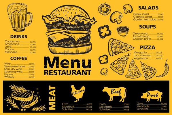 Menu template design for restaurant, sketch illustration. Vector.