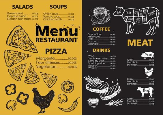 Menu template design for restaurant, sketch illustration. Vector.