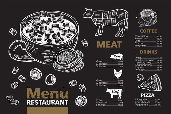 Menu template design for restaurant, sketch illustration. Vector.