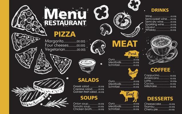 Menu template design for restaurant, sketch illustration. Vector.