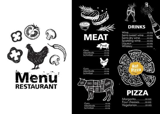 Menu template design for restaurant, sketch illustration. Vector.