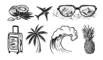 Hello Summer, palm tree, glasses, wave, pineapple. Hand drawn illustration. vector