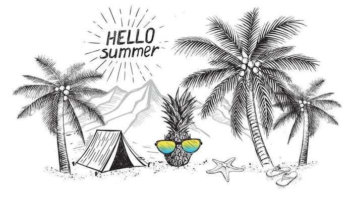 Hello Summer, palm tree, glasses, pineapple. Hand drawn illustration.