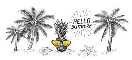 Hello Summer, palm tree, glasses, pineapple. Hand drawn illustration. vector