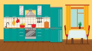 Kitchen interior with furniture and stove, cupboard, dishes, fridge and utensils. Flat cartoon style vector illustration.