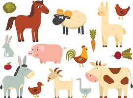 animales de granja en estilo plano aislado sobre fondo blanco. ilustración vectorial linda colección de animales de dibujos animados oveja, cabra, vaca, burro, caballo, cerdo, pato, ganso, pollo, gallina, gallo, conejo vector