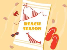 Beach Season in the Sand Colorful Text and Background with Summer Season Items in the Beach. Vector Illustration