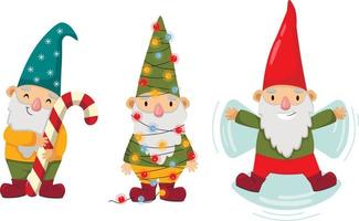 Happy cute little gnomes in winter. Funny bearded garden dwarfs with candy, Christmas lights, and snow. Colored flat vector illustration of fairytale characters isolated on white background.