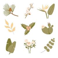 Set of Various Leaves and Flowers. Minimalistic style. Vector stock illustration.