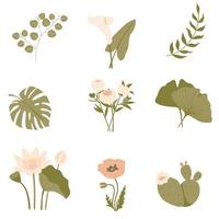 Set of Various Leaves and Flowers. Minimalistic style. Vector stock illustration.