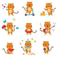 conjunto de lindo tigre de dibujos animados. afiche plano para impresiones, tarjetas para niños, afiches, camisetas y avatares divertidos. ilustración vectorial tarjeta de felicitación. vector