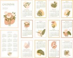 Calendar 2023. Minimalistic monthly calendar with various plants. Cover and 12 monthly pages. Week starts on Sunday, vector illustration. Vertical pages.