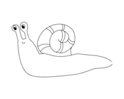 A cute snail is drawn with a black outline. Linear illustration vector